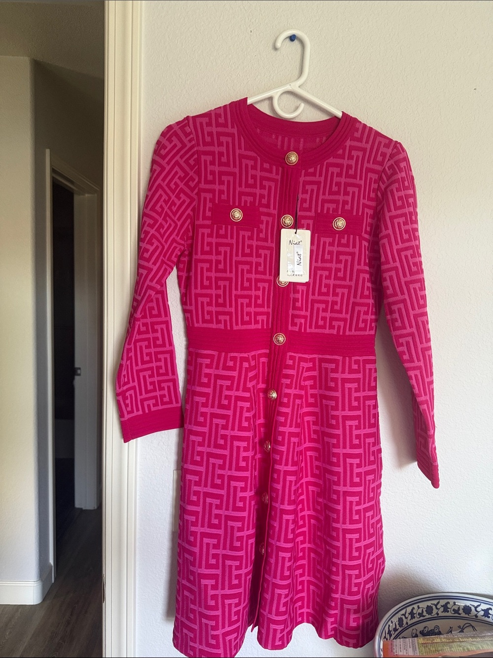 Long Sleeve Hot Pink Patterned Knit Dress with Gold Buttons